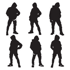 Three silhouettes of figures of a man holding a mobile smartphone isolated on a white background.