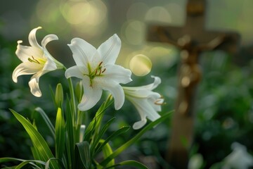 Fototapeta premium Christian cross and Easter lilies, symbolizing resurrection and new beginnings in the Christian faith