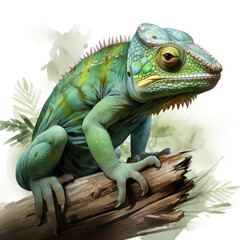 Fototapeta premium Watercolor Green color chameleon close up, clipart Illustration, Generative Ai