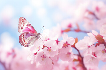 A medium shot with a soft focus of a pink butterfly which is sitting on a blooming flowerwith a background of typical flowers such as cherry blossom a summer background with bokeh and a mid-day soft l