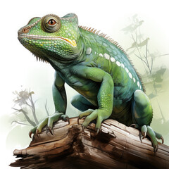 Obraz premium Watercolor Green color chameleon close up, clipart Illustration, Generative Ai