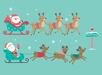 Card of Santa Claus with reindeer.