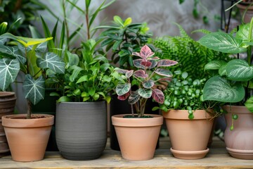 Close up plants in plant pots. gardening and botany
