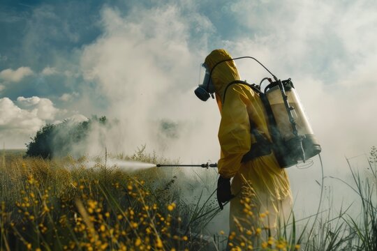 Close up person fumigating field with pesticide or insecticide