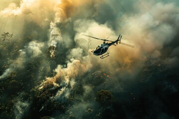 Naklejka premium Close up top view helicopter flying over the smoke and fire forest