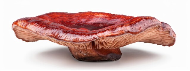  A tight shot of a mushroom against a pristine white backdrop The fungus features a scarlet-hued substance in its center, while a brown deposit resides at
