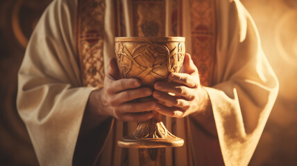 A clay Eucharist sacrament chalice engraved with symbols, held by priest hands with a religious Catholic vestment with bread wine and thorns on a table in the background; a vintage retro style with na