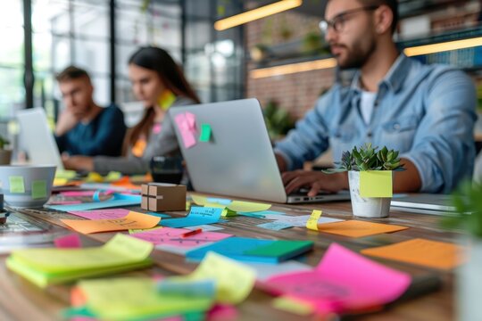 Creative Business Team Brainstorming with Sticky Notes and Laptops in Trendy Surreal Workspace - Powered by Adobe