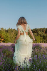 Back view of a beautiful young woman in a lavender field