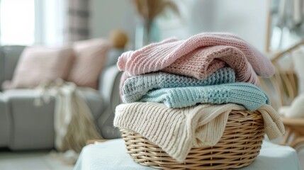 Stacked pastel sweaters in wicker basket on table in living room Fall winter knitwear with various patterns Close up with space for text