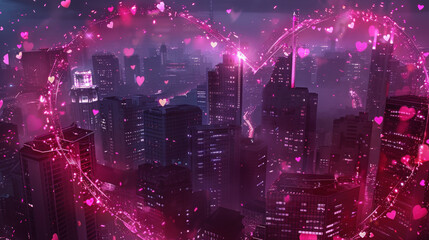 Obraz premium Romantic Night Cityscape with Pink Heart Lights