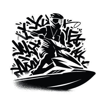 recommend clip art: Jet Skiing  male player in graffiti tags, street art pattern illustration, emblem shield badge