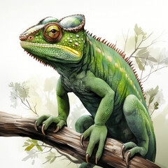 Obraz premium Watercolor Green color chameleon close up, clipart Illustration, Generative Ai