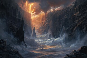 Towering rock formations amidst a stormy sea and fiery sky