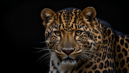 Obraz premium Close up beautiful big leopard isolated on black background, Generative AI