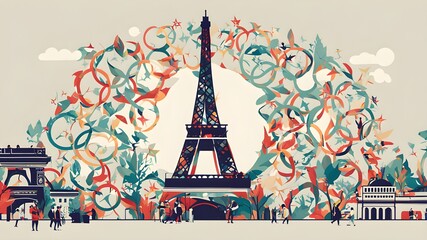city skyline with eiffel tower, Olympic Games Paris 2024