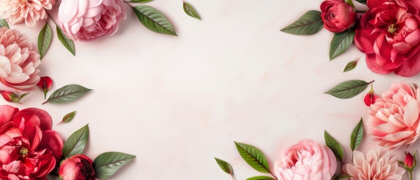  A vibrant arrangement of pink and red blossoms against lush green foliage, set against a soft light pink backdrop Insert text here