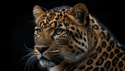 Close up beautiful big leopard isolated on black background, Generative AI
