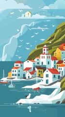 Seagull Flying Over Colorful Coastal Town