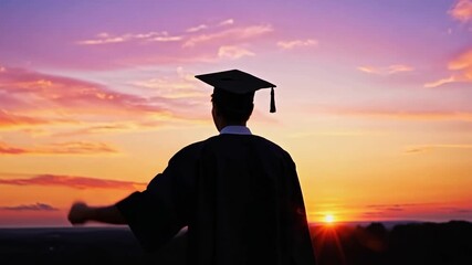 Graduation silhouette of a student in cap and gown at sunset. Inspirational education concept for greeting card, invitation, and poster.