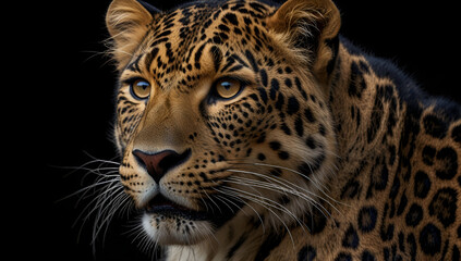 Close up beautiful big leopard isolated on black background, Generative AI