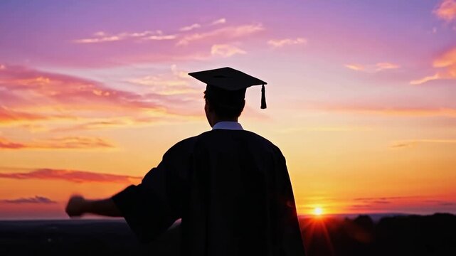 Graduation silhouette of a student in cap and gown at sunset. Inspirational education concept for greeting card, invitation, and poster.