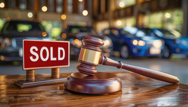 Car auction concept, Gavel and sign "sold"on the table, Car blurred background.
