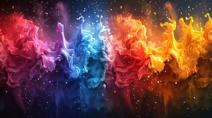 Fototapeta premium A high-resolution rainbow powder splash background, showcasing paint bursts, ink splatter, and dust effects, set against a white and black spray texture