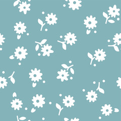 Seamless summer pattern with white flowers on blue background. 