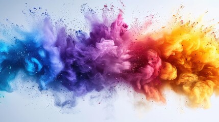 Obraz premium A high-resolution abstract design with a vibrant powder splash in rainbow colors, featuring paint explosions, dust clouds, and ink splatter effects on a white texture backdrop