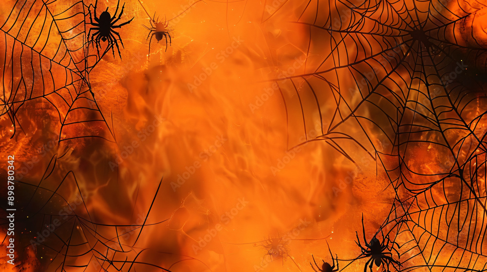 Poster many spiders are hanging in their webs with a fiery orange background