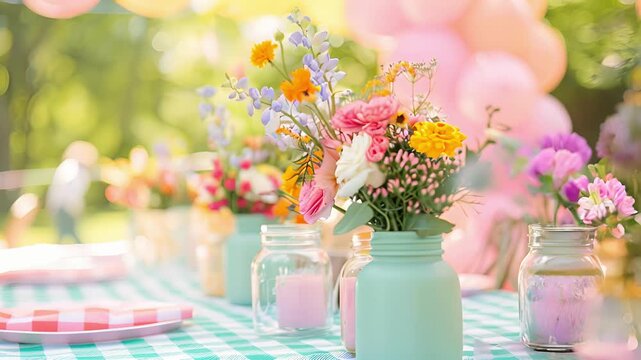 A whimsical garden fete featuring a pastel balloon arch gingham tablecloth and pastel floral arrangements in vintage mason jars.