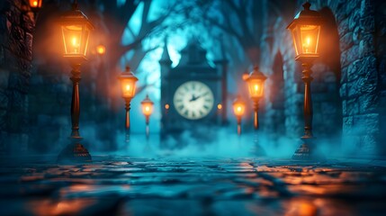 Mysterious Nighttime Alleyway with Cobblestones and Streetlights.