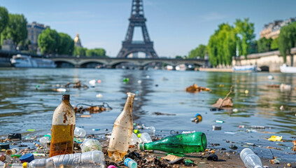 Illustration of sewage pollution in the Seine river in Paris. Water quality fear. Generated AI. Not the actual event
