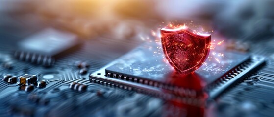  A tight shot of a computer motherboard featuring a red shield atop it, emitting a scarlet glow from within