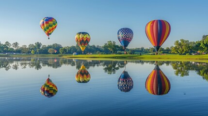 Fototapeta premium Hot Air Balloons Reflecting on a Calm Lake