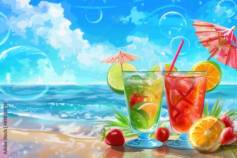 Aufkleber two colorful cocktails with fruit garnishes sit on a table in front of a beach scene. generative ai