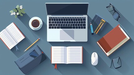 Top view of a student's desk with open textbooks, a laptop, writing utensils, and a cup of coffee, all displayed in a flat design