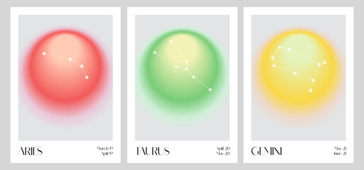 Aura Gradient Zodiac poster. Aries, Taurus, Gemini Wall Art. Y2k style blurred gradient. Astrology print. Colourful spiritual poster. Futurism vector art. Print, wallpaper, web template.