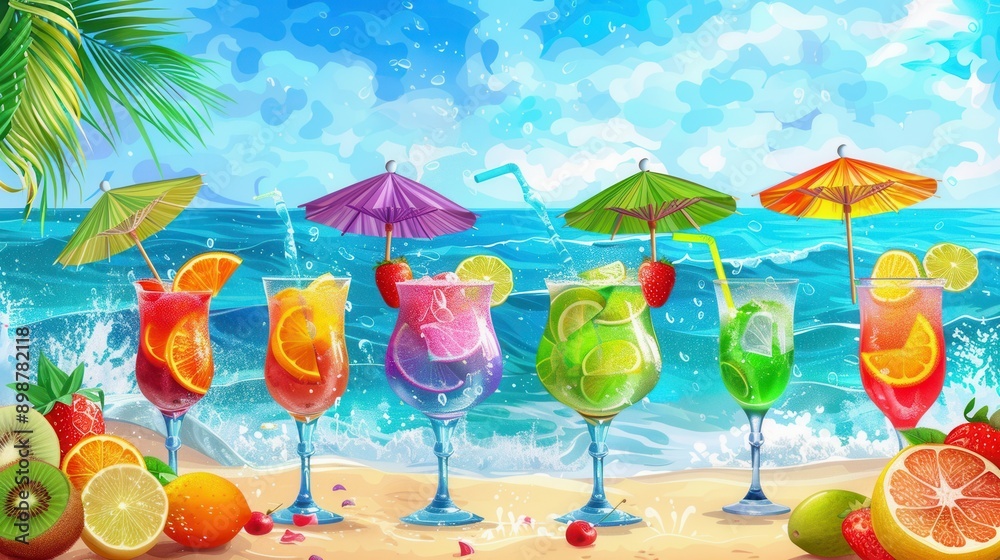 Poster a row of vibrant cocktails with fruit garnishes stand on a sandy beach, with umbrellas and palm tree