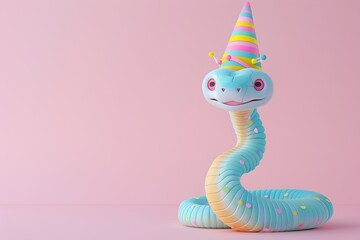 Fototapeta premium Cute pastel blue snake wearing party hat on pink background