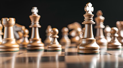 A solitary bishop chess piece amidst a cluster of pawns and rooks, showcasing a dynamic and tense chess scenario, with copy space, high-resolution photo, realistic photo, hyper realistic
