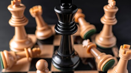 A black rook is encircled by a mix of white chess pieces, including a prominent pawn, highlighting a strategic challenge, with copy space, high-resolution photo, realistic photo, hyper realistic