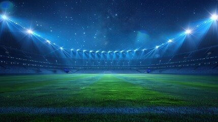 An empty football stadium with a green field and bright blue lights illuminating the night sky. Generative AI