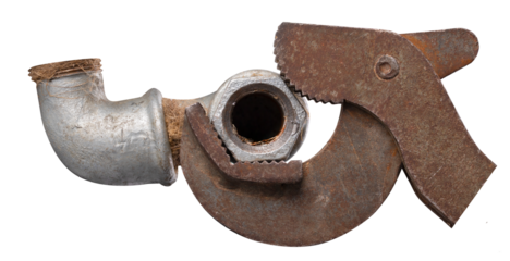 Plumbing wrench and steel pipe on isolated background.