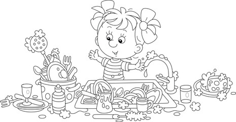 Household chores, a little girl going to wash dishes, pans, forks and spoons in a kitchen sink after a holiday dinner at home, black and white outline vector cartoon illustration for a coloring book