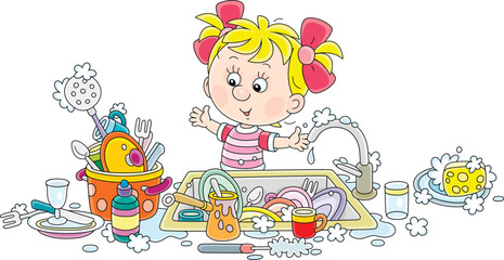 Household chores, a little girl going to wash dishes, pans, forks and spoons in a kitchen sink after a holiday dinner at home, vector cartoon illustration isolated on a white background