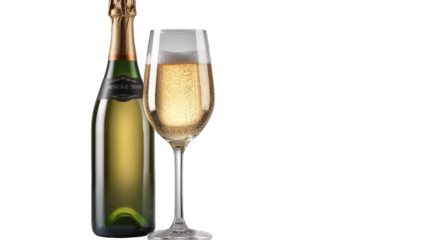 Champagne bottle with glass on transparent background