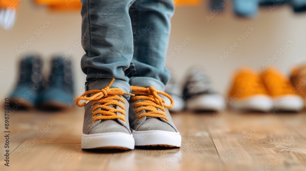 Sticker Excited Child Trying on Back-to-School Shoes in Fitting Room