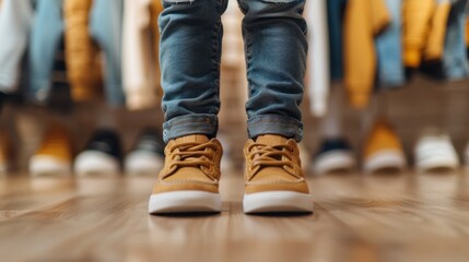 Excited Child Trying on Back-to-School Shoes in Fitting Room Moment